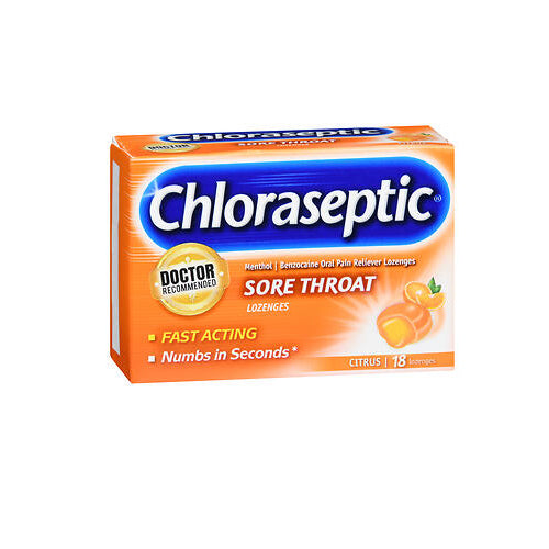 Chloraseptic, Benzocaine Oral Pain Reliever Sore Throat Lozenges Citrus, 18 Count