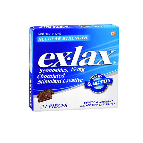 Ex-Lax, Sennosides Chocolated Stimulant Laxative Pieces Regular Strength, 15 Mg, 24 Count