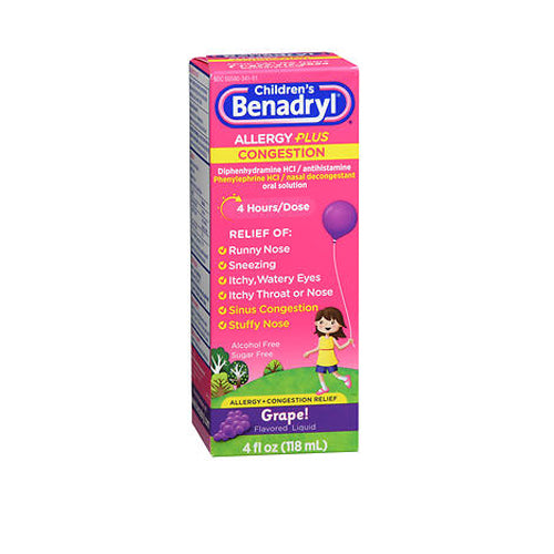 Benadryl, Children'S Allergy Plus Congestion Liquid Grape, 4 Oz