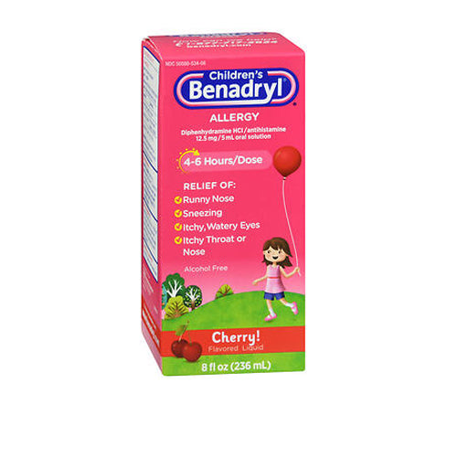 Benadryl, Children'S Allergy Diphenhydramine Hcl Antihistamine Liquid Cherry, 12.5 Mg, 8 Oz