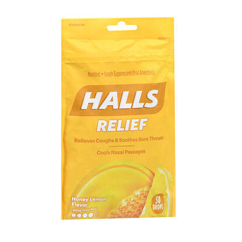Halls, Cough And Throat Relief Drops Honey Lemon, 30 Count