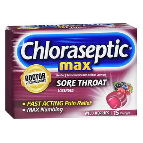 Chloraseptic, Benzocaine Oral Pain Reliever Sore Throat Lozenges Wild Berries Max, 15 Count