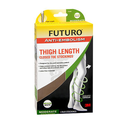 3M, Futuro Anti-Embolism Thigh Length Closed Toe Stockings White Moderate, Medium each
