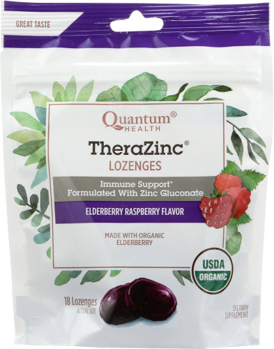 Quantum Health, TheraZinc Organic Bagged Lozenges, Elderberry and Raspberry 18 Count