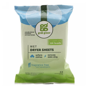 Grab Green, Wet Dryer Sheets, Fragrance Free 32 Count