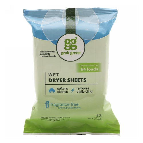 Grab Green, Wet Dryer Sheets, Fragrance Free 32 Count