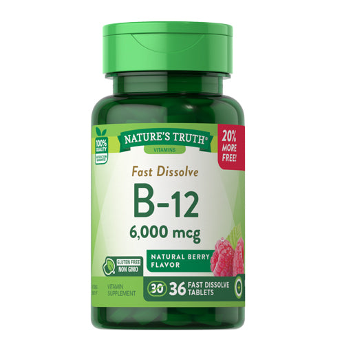 Nature's Truth, Nature's Truth Sublingual B-12 Fast Dissolve Tabs Natural Berry Flavor, 6000 mcg, 36 Tabs