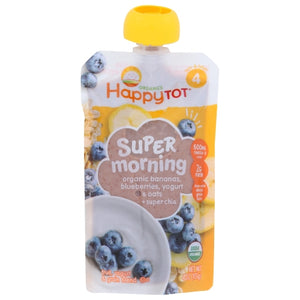Happy Tot, Super Morning Organic Bananas Blueberries Yogurt And Oats with Super Chia Baby Food Pouch, 4 Oz(Case Of 16)