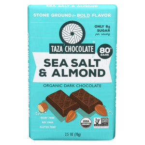 Taza Chocolate, Ston E Ground Organic Dark Chocolate Bar  Sea Salt And Almond, Case of 10 X 2.5 Oz