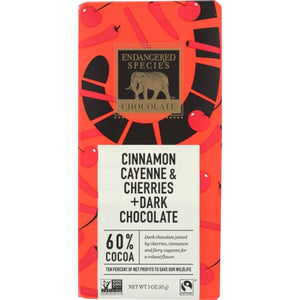 Endangered Species, Cinnamon Cayenne Cherry Dark Chocolate, 3 Oz(Case Of 12)