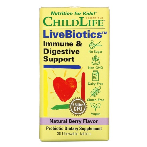 Child Life Essentials, LiveBiotics Immune & Digestive Support, 5 Billion CFU, Natural Berry 30 Tabs