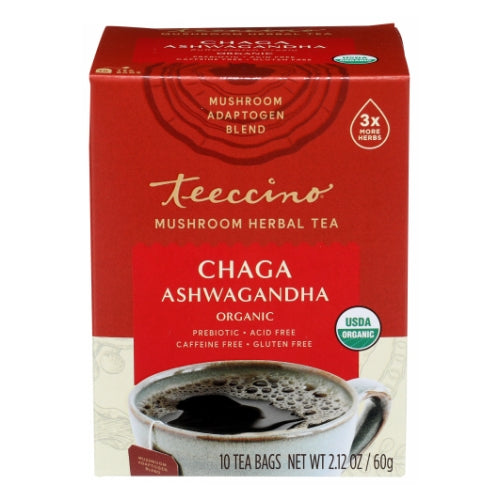 Teeccino, Organic Chaga Ashwagandha Mushroom Herbal Tea, 10 Count (Case of 6)