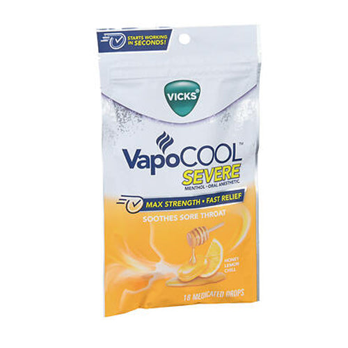 Crest, Vicks VapoCool Severe Menthol Oral Anesthetic Drops Honey Lemon Chill, 18 Count