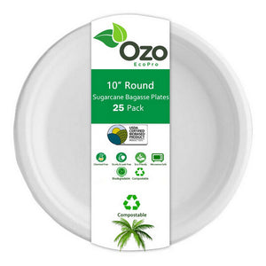 Ozo EcoPro, Sugarcane Plates Round 10", 25 Packets