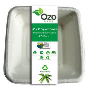 Ozo EcoPro, Sugarcane 4"x 4" sq bowl, 25 Packets