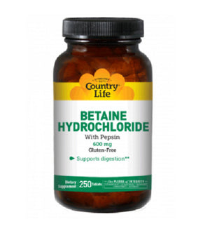 Country Life, Betaine Hydrochloride with Pepsin, 600 MG, 250 Tabs