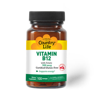 Country Life, Vitamin B-12 with Folic Acid Sublingual, 500 MCG, 100 Lozenges